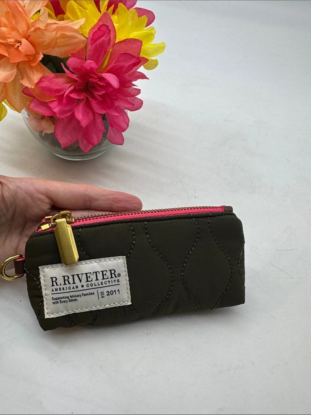 Olive Quilted Key Pouch with Pink Zipper